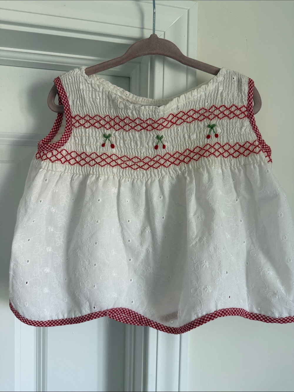 Vintage White and Red Cherry Smocked Baby Top or Dress